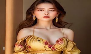 丰满女性化着裸妆系自然妆容，气色红润，搭配暖色系服装，整体造型温柔而有活力，体现巨乳美女的自然美感