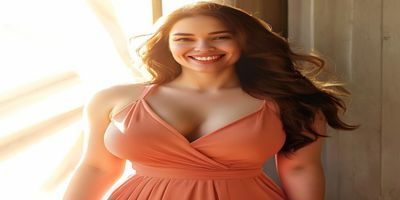 丰满身材女性穿着暖橙色V领连衣裙自信微笑，阳光照射下曲线优美，展现巨乳美女的自然魅力