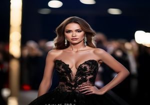国际知名丰满身材女星身穿深色修身礼服亮相红毯，妆容精致，气场强大，展现丰满女性的高端时尚魅力