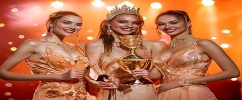 巨乳美女穿搭指南编辑团队在时尚行业颁奖典礼上合影，手持最佳内容平台奖杯，背景为暖橙色主题舞台