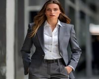 改造后丰满女性穿着合身西装外套配直筒裤，肩线利落腰线清晰，整体显得干练时尚，巨乳美女职场造型完美呈现