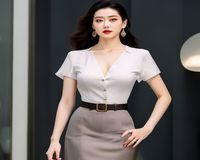 改造后同一丰满女性换穿V领宽松上衣配高腰A字裙，腰线突出，整体比例优雅协调，展现巨乳美女的时尚魅力