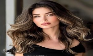 时尚女性留着锁骨长度的波浪卷发，发型与丰满身材比例协调，展现巨乳美女的柔美浪漫气质