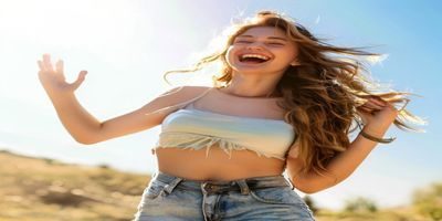 阳光明媚的户外场景中丰满女性举手大笑展现自信，穿着合身的休闲装，传递巨乳美女积极阳光的形象
